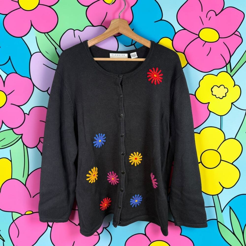 Classics by Marisa Christina VTG Black L/S Button Up Cardigan Sweater Flowers